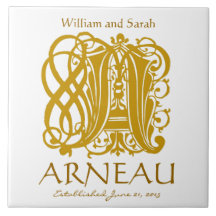 Een goudmonogram op wit - Namen Wedding Date Tegel