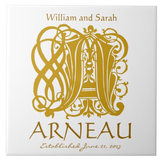 Een goudmonogram op wit - Namen Wedding Date Tegel Tegeltje (Voorkant)