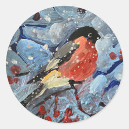 Een goudvink op een tak met rode bessen, het is sn ronde sticker