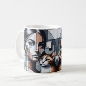 Een graffiti kattenvrouwtje met haar kat. koffiemok (Voorkant links)