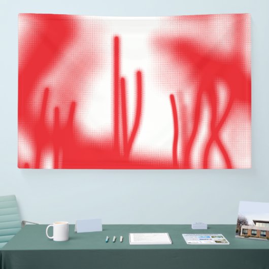 Een grafisch ontwerp met opvallende rode en oranje spandoek (Beurs)