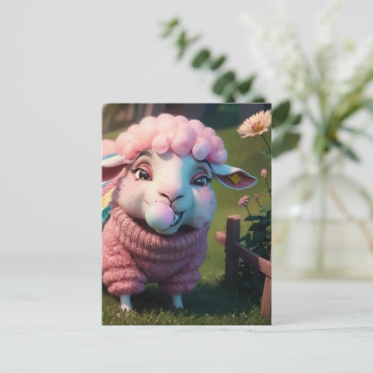 Een grappig schaap in een trui kauwen roze bubble briefkaart (Staand voorkant)