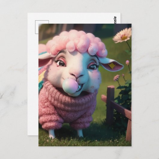 Een grappig schaap in een trui kauwen roze bubble briefkaart (Voorkant / Achterkant)