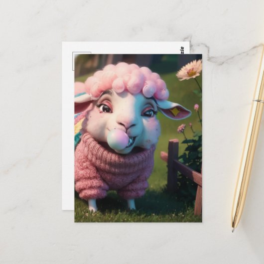 Een grappig schaap in een trui kauwen roze bubble briefkaart (Voorkant / Achterkant in situ)