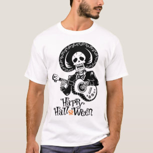 Een grappig skelet dat gitaar speelt, Gelukkig Hal T-shirt