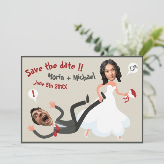 Een Grappige Cartoon Foto Gezichten Bruiloft Save  Kaart (Staand voorkant)