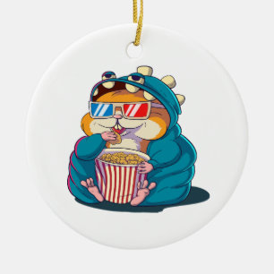 Een grappige hamster die een bril draagt, eet popc keramisch ornament