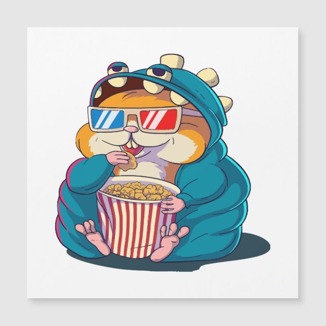 Een grappige hamster met een bril eet popcorn (Voorkant)