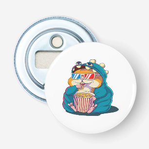 Een grappige hamster met een bril eet popcorn button flesopener