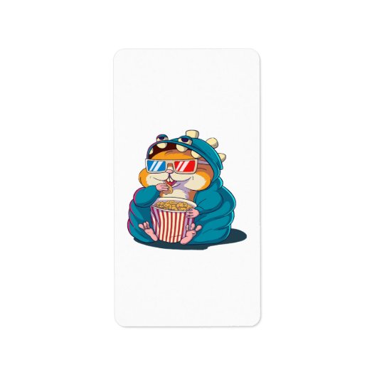 Een grappige hamster met een bril eet popcorn etiket (Voorkant)