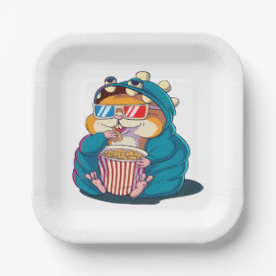 Een grappige hamster met een bril eet popcorn papieren bordje