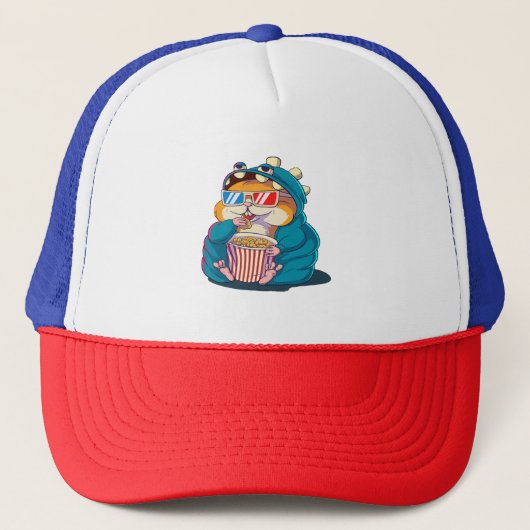 Een grappige hamster met een bril eet popcorn trucker pet (Voorkant)