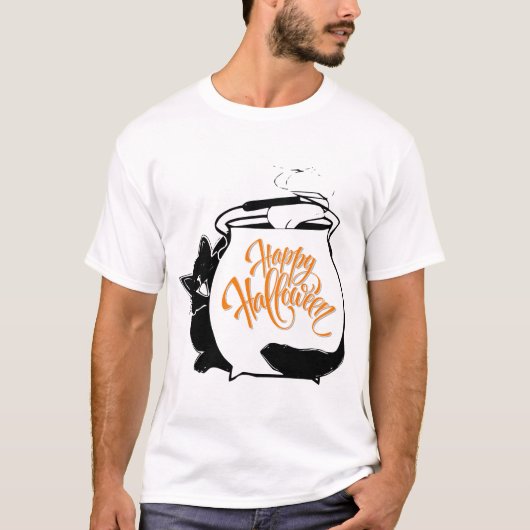 Een grappige kat achter Cauldron, Happy Halloween T-shirt (Voorkant)
