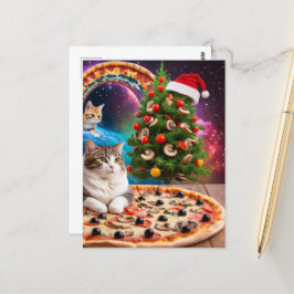 Een grappige kerstmuts kerstboom pizza katten briefkaart