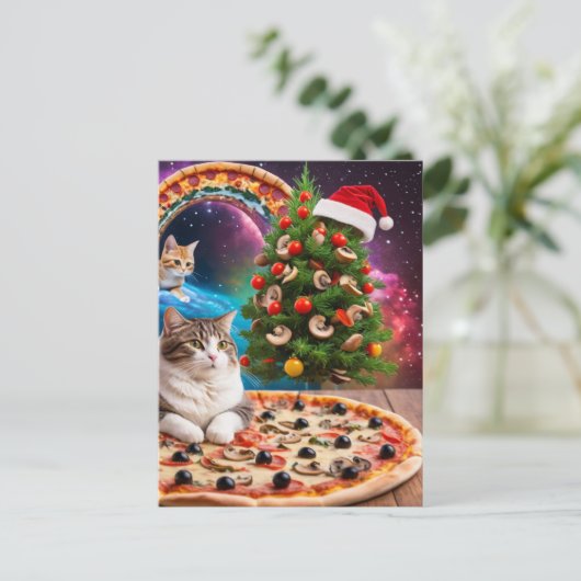 Een grappige kerstmuts kerstboom pizza katten briefkaart (Staand voorkant)