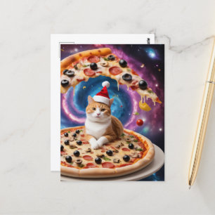 Een grappige kerstmuts kerstpizza kat briefkaart