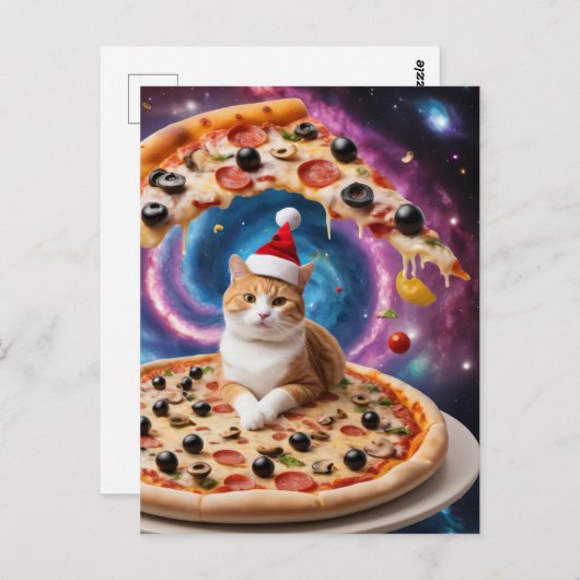 Een grappige kerstmuts kerstpizza kat briefkaart (Voorkant / Achterkant)