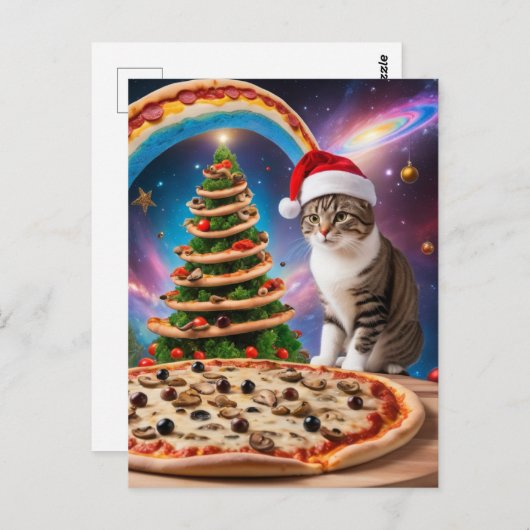 Een grappige kerstpizza kat briefkaart (Voorkant / Achterkant)
