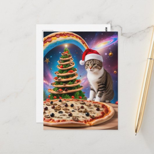 Een grappige kerstpizza kat briefkaart (Voorkant / Achterkant in situ)