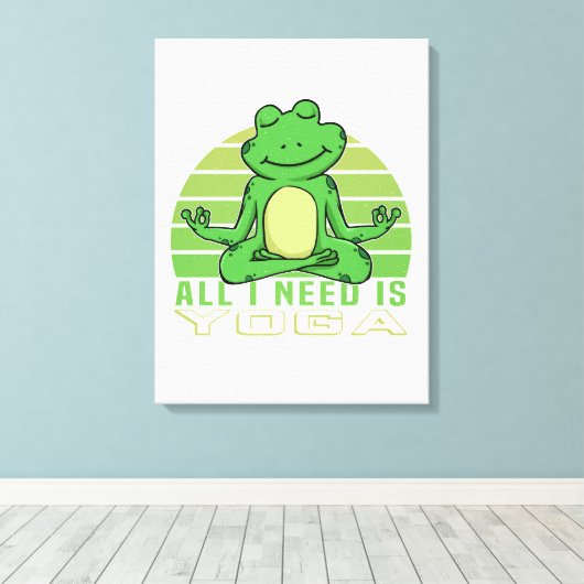 Een grappige kikker met yoga. canvas afdruk (Insitu (Houten vloer))