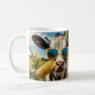 Een grappige koe die een kolf maïs eet in een veld koffiemok