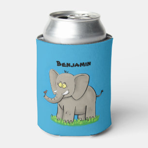 Een grappige olifant met vogel op de cartoon van d blikjeskoeler