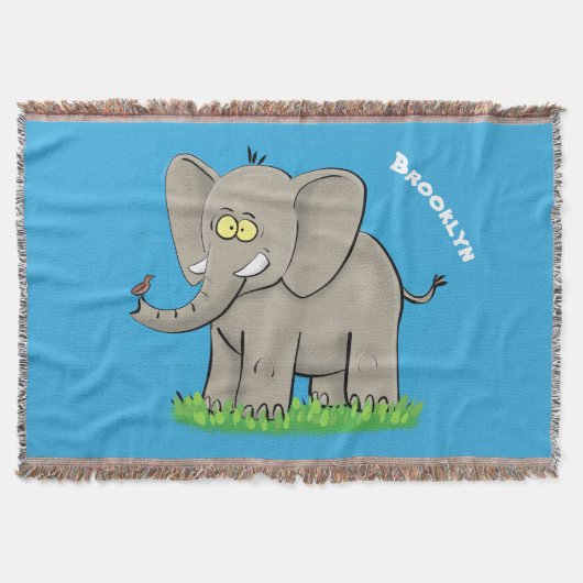 Een grappige olifant met vogel op de cartoon van d deken (Voorkant)