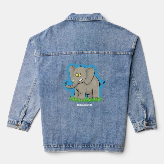 Een grappige olifant met vogel op de cartoon van d denim jacket (Achterkant)