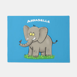 Een grappige olifant met vogel op de cartoon van d deurmat