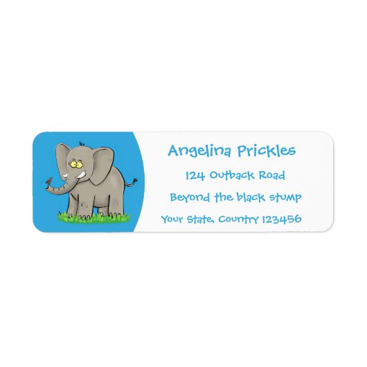 Een grappige olifant met vogel op de cartoon van d etiket (Voorkant)