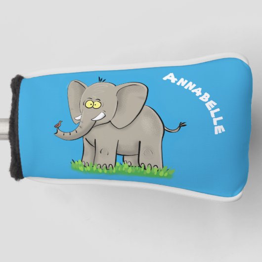 Een grappige olifant met vogel op de cartoon van d golfheadcover (Voorkant)