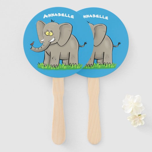 Een grappige olifant met vogel op de cartoon van d handwaaier (Voorkant en achterkant)
