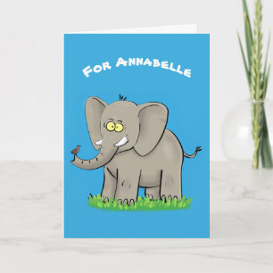 Een grappige olifant met vogel op de cartoon van d kaart