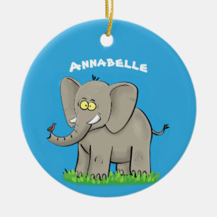 Een grappige olifant met vogel op de cartoon van d keramisch ornament
