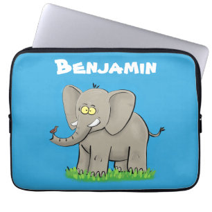 Een grappige olifant met vogel op de cartoon van d laptop sleeve