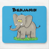 Een grappige olifant met vogel op de cartoon van d muismat (Voorkant)