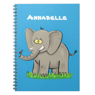 Een grappige olifant met vogel op de cartoon van d notitieboek