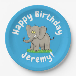 Een grappige olifant met vogel op de cartoon van d papieren bordje