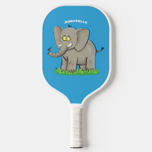 Een grappige olifant met vogel op de cartoon van d pickleball paddle