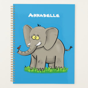 Een grappige olifant met vogel op de cartoon van d planner