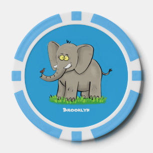 Een grappige olifant met vogel op de cartoon van d poker chips