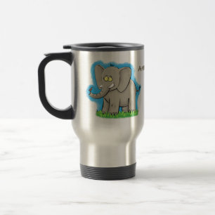 Een grappige olifant met vogel op de cartoon van d reisbeker