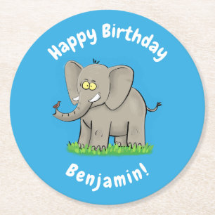 Een grappige olifant met vogel op de cartoon van d ronde kartonnen onderzetter