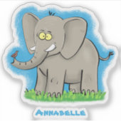 Een grappige olifant met vogel op de cartoon van d sticker (Voorkant)