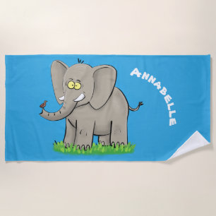Een grappige olifant met vogel op de cartoon van d strandlaken