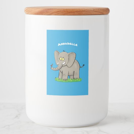 Een grappige olifant met vogel op de cartoon van d voedselcontainer etiket (Voorkant)