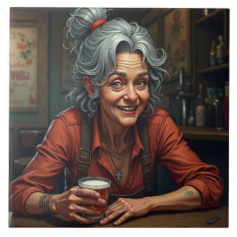 Een grappige strip oudere vrouw in bar met bier tegeltje