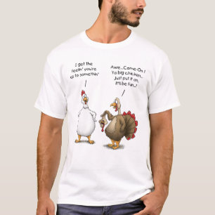 Een grappige Thanksgiving, een grote kip, een leuk T-shirt