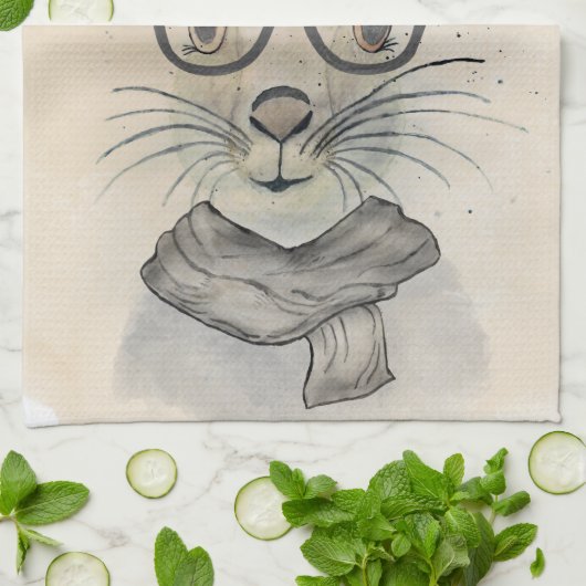 Een grappige waterverf met bril en sjaal theedoek (Gevouwen)