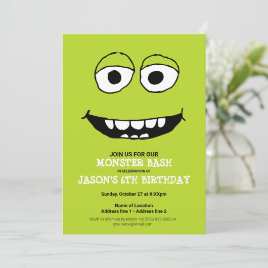 Een Green Monster Bash! Schattigee Monster Party n Kaart (Staand voorkant)